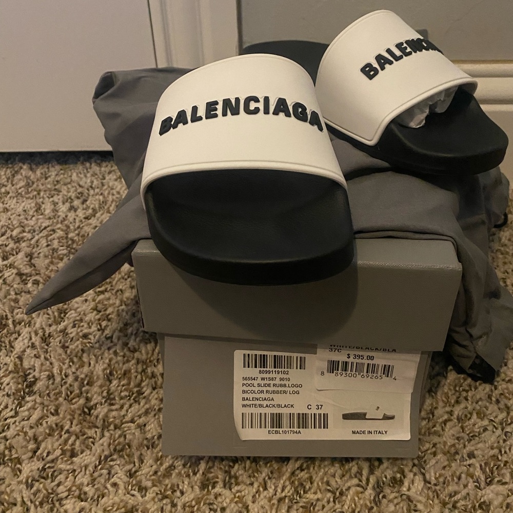 Original and new balenciaga pool slides